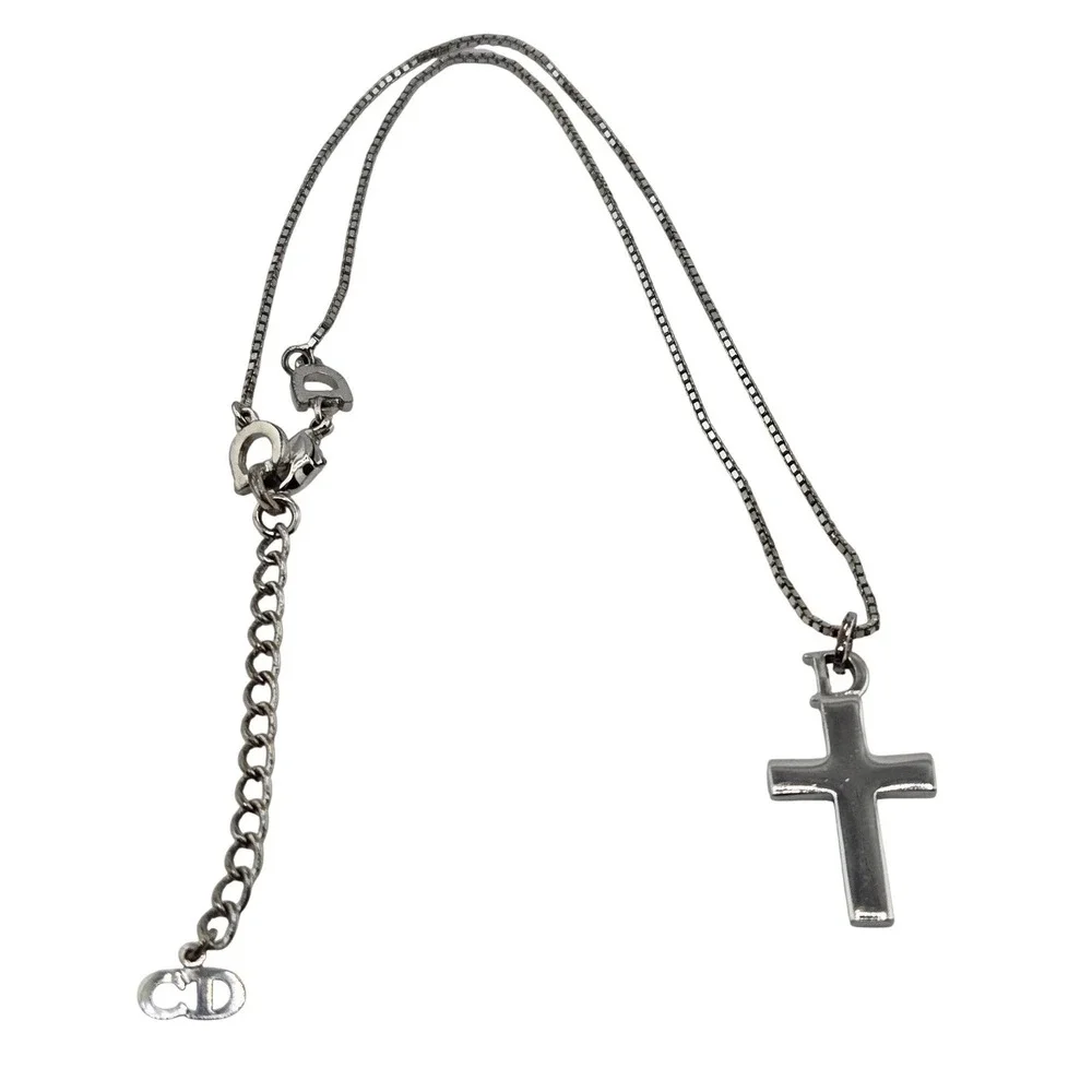 Christian Dior Cross Pendant Necklace Silver Tone D Logo Box Chain CD Charm